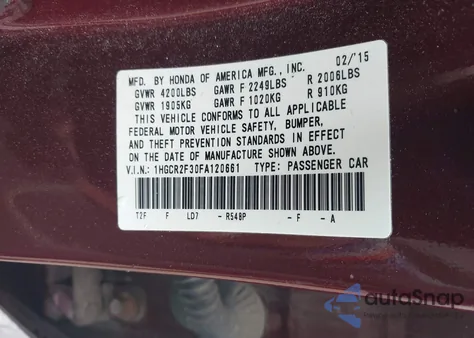 2015 Honda Accord Lx from USA, damaged, VIN 1HGCR2F30FA120661